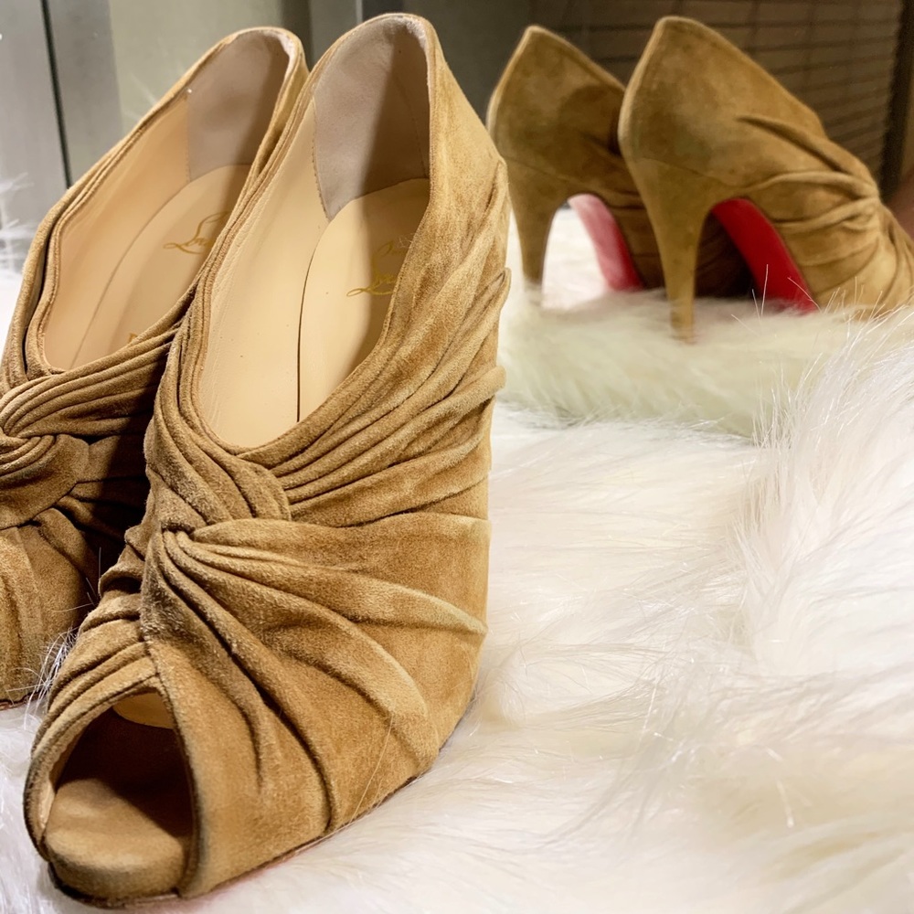 Christian Louboutin Camel Suede Peep-Toe Booties